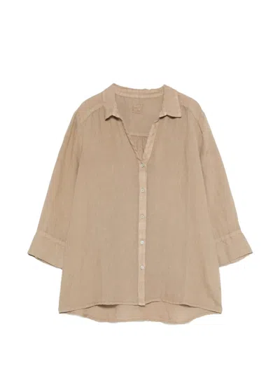 120% Lino V-neck Long Sleeve Linen Shirt In Brown