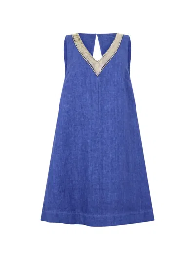 120% Lino V-neck Midi Dress In Blue