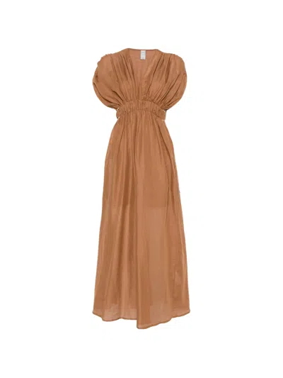 120% Lino V-neck Mini Dress With Gathered Details And Adjustable Ties (size 38) In Brown