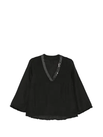 120% Lino V-neck Sequin Embellished Top - Size 38 In Black