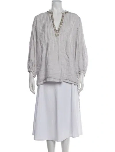 Pre-owned 120% Lino V-neck Three-quarter Sleeve Top In Neutrals