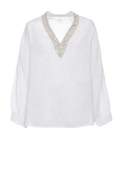 120% Lino White Strass V-neck Linen Blouse In Multi