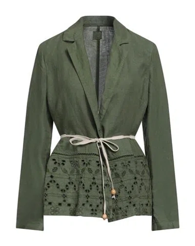 120% Lino Woman Blazer Military Green Size 8 Linen
