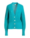 120% Lino Woman Cardigan Turquoise Size L Cashmere, Mohair Wool, Wool, Polyamide In Blue
