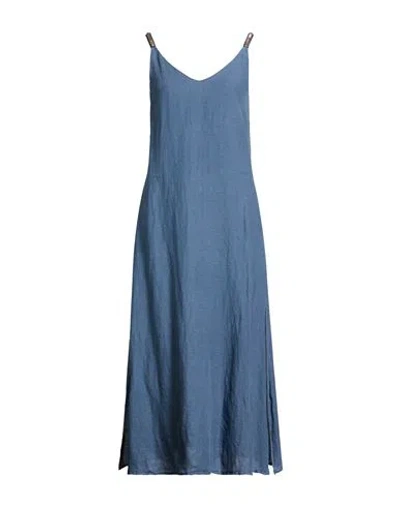 120% Lino Woman Maxi Dress Slate Blue Size 8 Linen