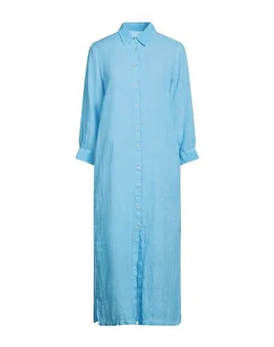 120% Lino Woman Midi Dress Azure Size 10 Linen In Blue