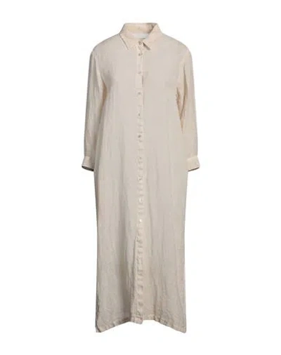120% Lino Woman Midi Dress Beige Size 8 Linen In White
