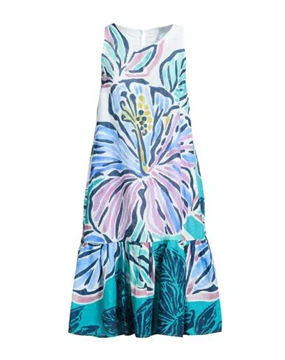 120% Lino Woman Midi Dress Blue Size 10 Linen In Multi