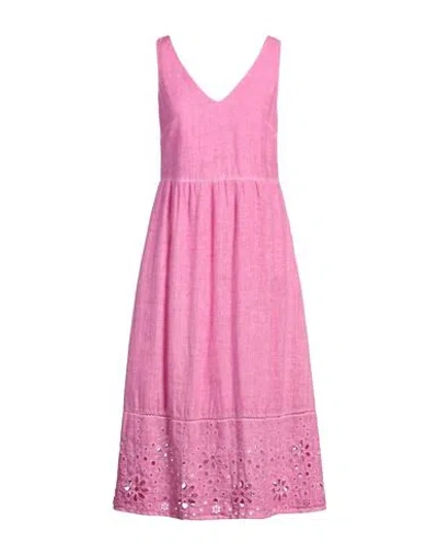 120% Lino Woman Midi Dress Fuchsia Size 10 Linen In Pink