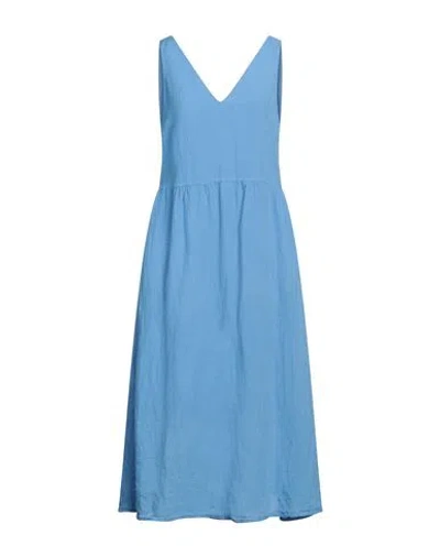 120% Lino Woman Midi Dress Light Blue Size 12 Linen