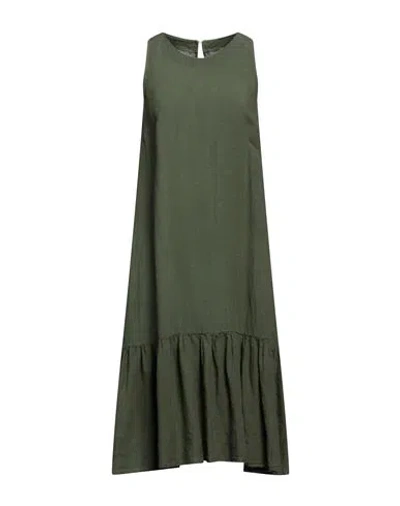 120% Lino Woman Midi Dress Military Green Size 4 Linen