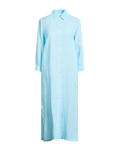 120% Lino Woman Midi Dress Sky Blue Size 10 Linen