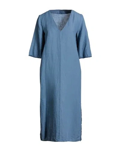 120% Lino Woman Midi Dress Slate Blue Size 12 Linen