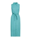 120% Lino Woman Midi Dress Turquoise Size 12 Linen In Blue