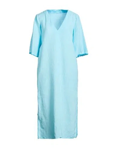 120% Lino Woman Midi Dress Turquoise Size 2 Linen In Blue