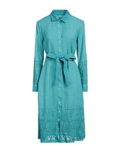 120% Lino Woman Midi Dress Turquoise Size 8 Linen In Blue