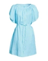 120% Woman Short Dress Azure Size 4 Linen In Blue