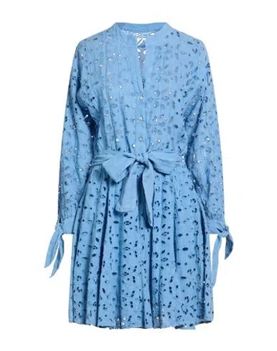 120% Lino Woman Mini Dress Azure Size 12 Linen In Blue