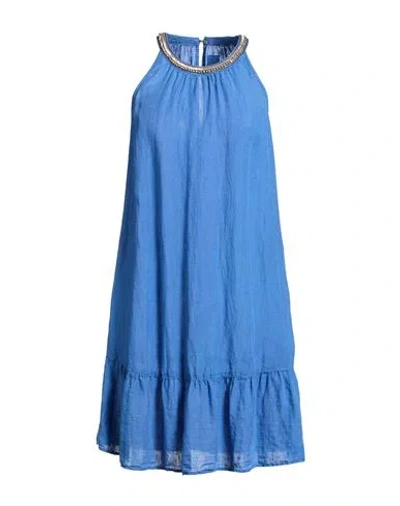 120% Lino Woman Mini Dress Blue Size 8 Linen