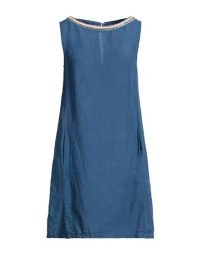 120% Lino Woman Mini Dress Navy Size 6 Linen In Blue