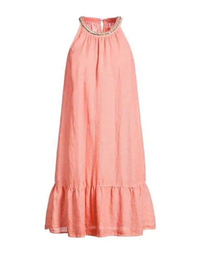 120% Lino Woman Mini Dress Salmon Pink Size 8 Linen In Pattern