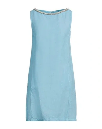 120% Lino Woman Mini Dress Sky Blue Size 10 Linen