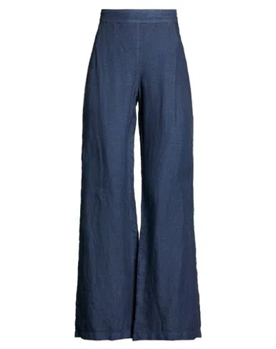 120% Lino Woman Pants Navy Size 12 Linen In Blue