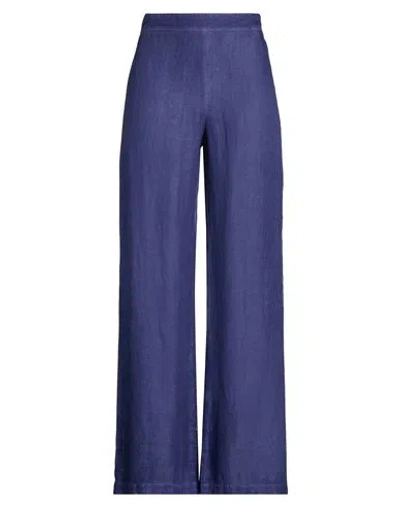 120% Lino Woman Pants Navy Size 14 Linen In Blue