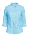 120% Lino Woman Shirt Azure Size 10 Linen In Blue