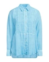 120% Lino Woman Shirt Azure Size 12 Linen In Blue