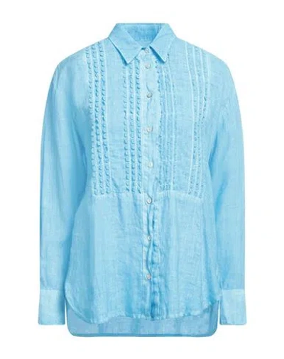 120% Lino Woman Shirt Azure Size 12 Linen In Blue