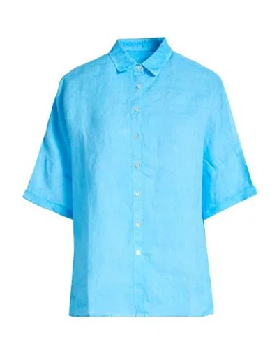 120% Lino Woman Shirt Azure Size 12 Linen In Blue