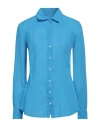 120% Lino Woman Shirt Azure Size 12 Linen In Blue