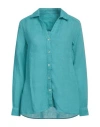120% Lino Woman Shirt Turquoise Size 12 Linen In Blue