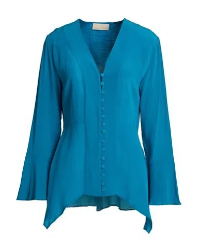 120% Lino Woman Shirt Turquoise Size 6 Silk, Linen, Cupro In Blue