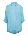120% Lino Woman Shirt Turquoise Size L Linen In Blue