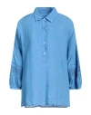 120% Lino Woman Top Azure Size 12 Linen In Blue
