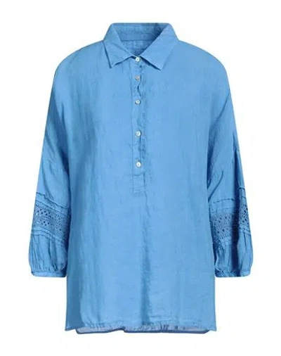120% Lino Woman Top Azure Size 12 Linen In Blue