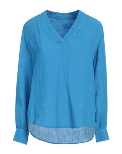 120% Lino Woman Top Azure Size 4 Linen In Blue