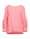 120% Lino Woman Top Coral Size Xxl Linen In Red