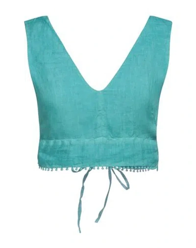 120% Lino Woman Top Emerald Green Size 8 Linen