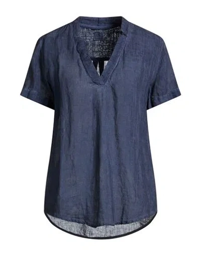 120% Lino Woman Top Navy Size 8 Linen In Blue