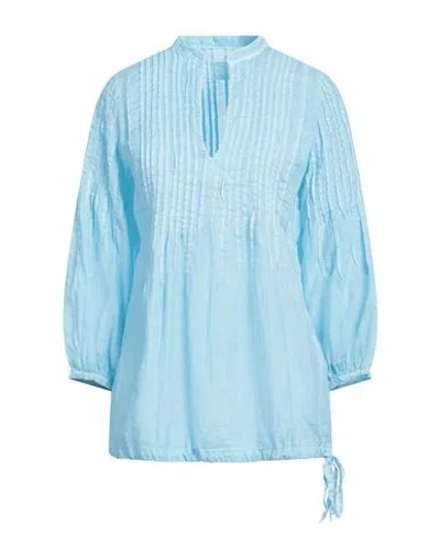 120% Lino Woman Top Sky Blue Size 8 Linen