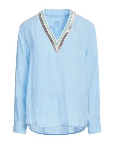 120% Lino Woman Top Sky Blue Size 8 Linen