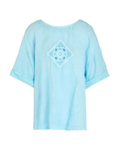 120% Lino Woman Top Sky Blue Size S Linen