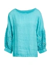 120% Lino Woman Top Turquoise Size L Linen In Blue
