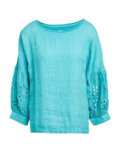 120% Lino Woman Top Turquoise Size L Linen In Blue