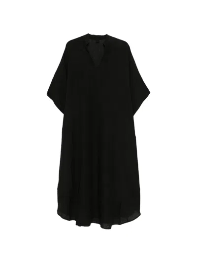 120% Lino Women's 100% Linen V-neck Kaftan Dress With Side Slits In Nero