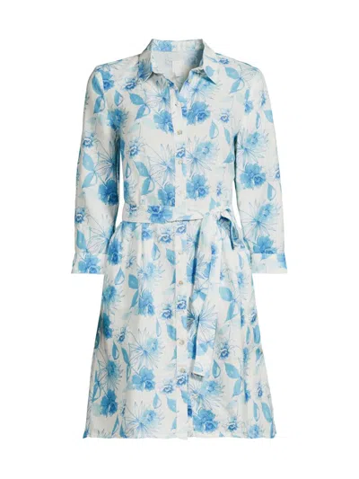 120% Lino Women's Floral Linen Belted Shirtdress In White