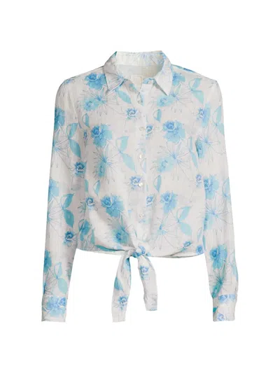120% Lino Women's Floral Linen Tie-front Shirt In Blue
